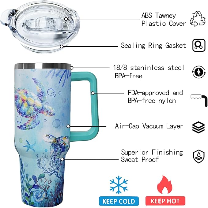 Ceovfoi 40 Oz Sea Turtle Tumbler with Handle Lid and Straw,Double Wall Vacuum Stainless Steel Watercolor Ocean Turtle Cup,Water Bottle,Travel Coffee Mug,Hawaiian Sea Turtle Decor,Accessories - Bloomnest