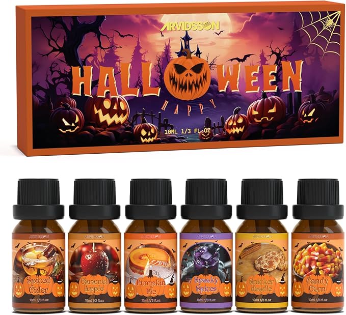 Halloween Fragrance Oils Set, ARVIDSSON Fall Essential Oils for Diffuser - Pumpkin Pie, Spiced Cider, Caramel Apple, Candy Corn, Snickerdoodle, Spooky Spices, Autumn Scented Oil Gift for Women - Bloomnest