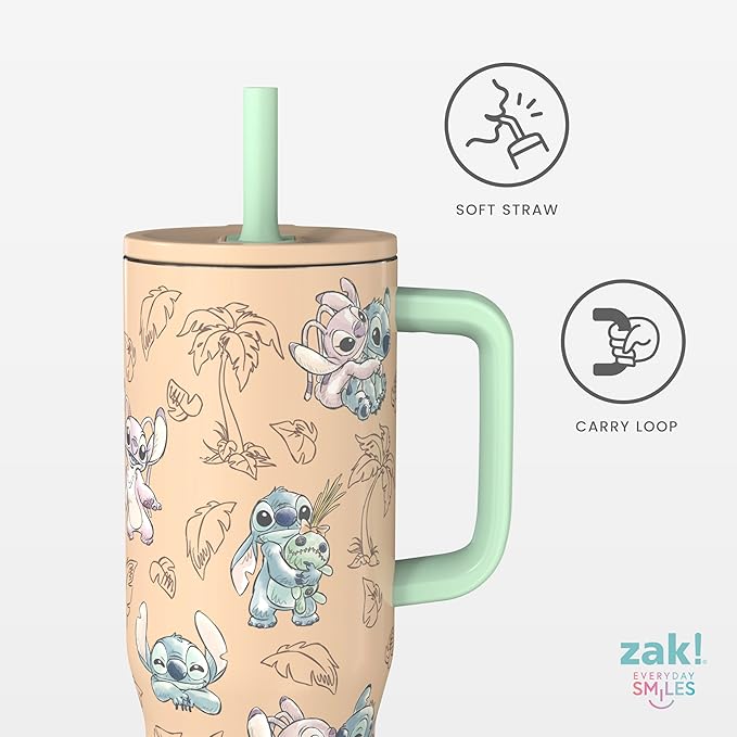 Zak Designs Disney Sutton Travel Tumbler for On the Go, 30oz Stainless Steel with Vacuum Insulation, Silicone Straw, and Carry Handle for Cold Drinks (Stitch, Angel) - Bloomnest