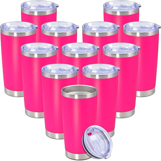 20 oz Tumbler with lid Double Wall Vacuum Insulated Tumblers Stainless Steel Coffee Mug Travel Coffee Tumbler Powder Coated Tumbler Cup Keep Hot&Cold - (Hot Pink 12 Pack)