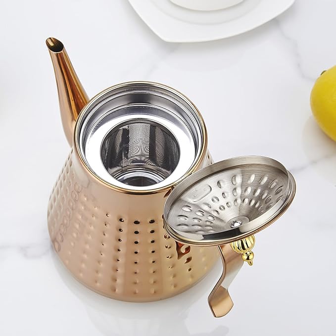 SANQIAHOME 1.2L(40oz) Stainless Steel Hammer Patterned Teapot With Removeable Infuser,Loose leaf cover,Copper - Bloomnest