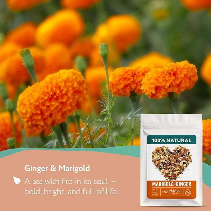 Premium Ginger Loose Leaf Tea with Marigold, Chamomile, Elderflower - Caffeine Free Herbal Tea with Real Herbs & Fruit – Te de Jengibre – 4oz. - Bloomnest