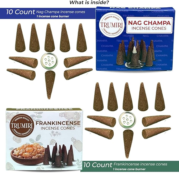 TRUMIRI Incense Cones - Combo Pack of 20 Cone Incense - 10 Frankincense + 10 Nag Champa - Insence Cones - Incense Cones Scented - Cone Incense Scents - Insense Cones - Incent Cone TRUMIRI
