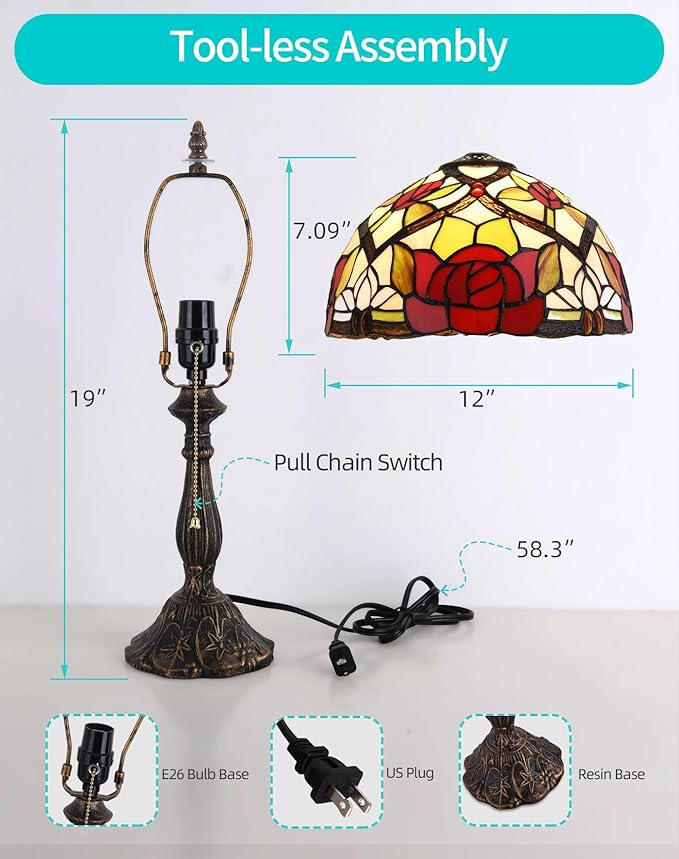 Tiffany Table Lamp, 12-inch Stained Glass Lamp for Living Room, Dining Room, Bedroom, Study Room, Office (Red Rose) - Bloomnest