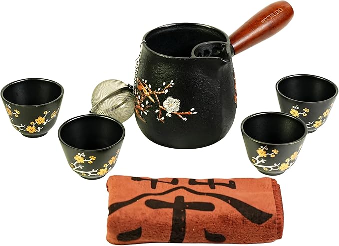Small Cast Iron Teapot, Japanese Style Tea Kettle without Lid, 20.3 fl oz Tea Pot with Stainless Steel Teacups, Tea Ball for Loose Tea, Wooden Side-handle Tea Set for Stovetop Safe(600ml) - Bloomnest