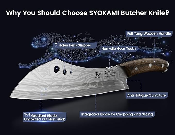 Butcher Knife, 10 Inch Meat Cleaver Chef Knife with Herb Stripper, Japanese Style High Carbon Steel Kitchen Knife for Chopping & Slicing, Damascus Pattern Full Tang Wood Handle Ideal for Gift - Bloomnest