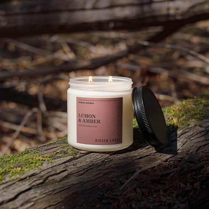 Hidden Label Lemon Amber Scented Candle, 12oz 2 Wick Natural Soy Non Toxic Candles, Clean Burning Long Lasting Aromatherapy for Home | Gifts | Décor,Premium Scents for Relaxation & Stress Relief - Bloomnest