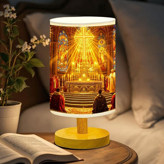 Midnight Mass Table Lamp LED 3-Color Pressed Bedside for Merry Christmas, Midnight Mass Shade Christmas Table Lamp with Wood Base for Bedroom Living Room Desk Office - Bloomnest