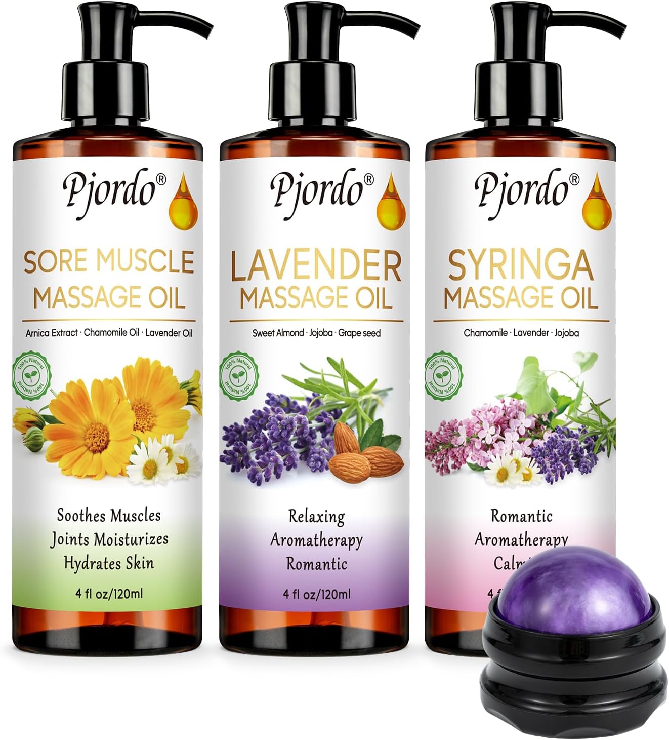 Body Massage Oil for Massage Therapy Kit, Lilac, Lavender, Sore Muscle Arnica Oil with Massage Roller Ball, Relaxing Massage Oils for Pain Relief, Spa Gift Set for Him Her