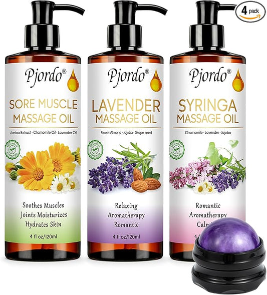 Body Massage Oil for Massage Therapy Kit, Lilac, Lavender, Sore Muscle Arnica Oil with Massage Roller Ball, Relaxing Massage Oils for Pain Relief, Spa Gift Set for Him Her - Bloomnest
