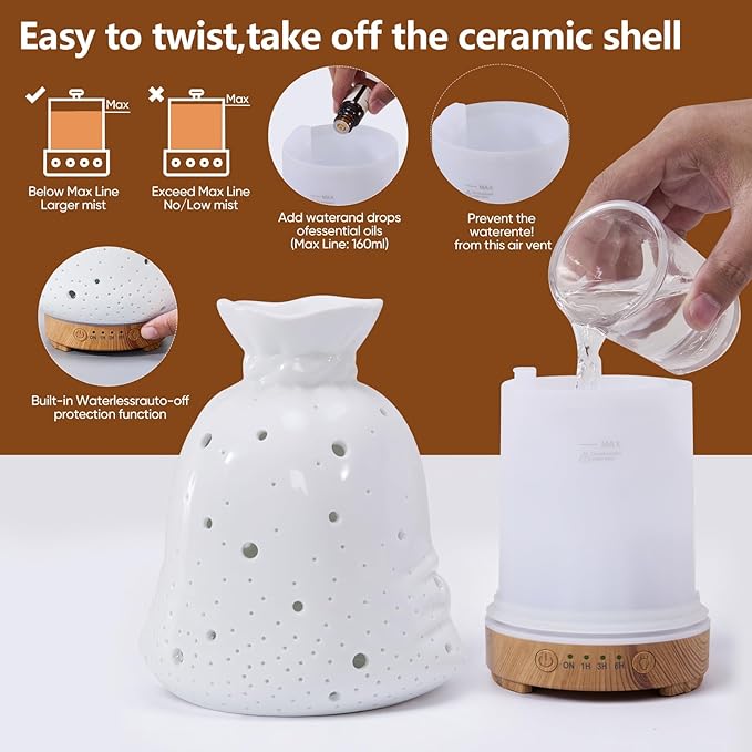 160ML Ceramic Diffuser for Essential Oils Lucky Bag Aromatherapy Diffuser Ultrasonic Cool Mist Humidifier with Intermittent Mist Modes Waterless Auto Off for Room Office - Bloomnest