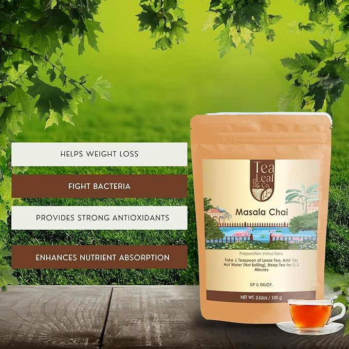 Tealeaf & Co. Masala Chai - Loose Leaf Black Tea Blended with Organic Spices (Ginger, Cardamom, Black Pepper & Cloves Whole Organic) - Low Caffeine (3.52oz/100gm) - Bloomnest