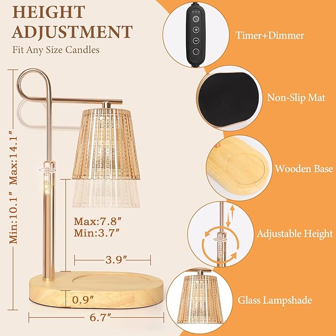 Candle Warmer Lamp with Timer Dimmer, Adjustable Height Wax Warmer Lamp for Jar Candle, Wax Melter House Warming Gifts New Home Décor, Birthday Gifts for Women Mom (Gold) - Bloomnest