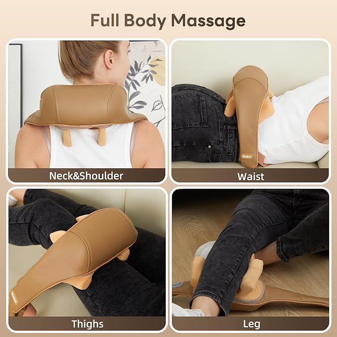 Neck Massager for Pain Relief Deep Tissue with Heat -Cordless Shiatsu 6D Kneading Massage for Neck,Shoulder,Gifts for Mom/Dad（PU-Yellow Brown）