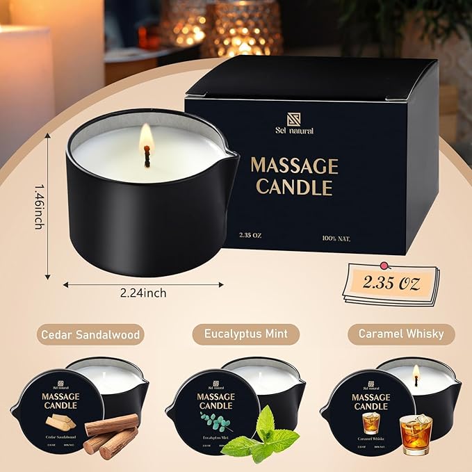 3 Pack Massage Oil Candles 2.35oz Low Temp Massage Candles 3 Scent Spa Therapy Body Oil Home Gift for Relaxation, Couples, or Self-Care (2.35 oz, Eucalyptus Mint, Cedar Sandalwood, Caramel Whisky) - Bloomnest