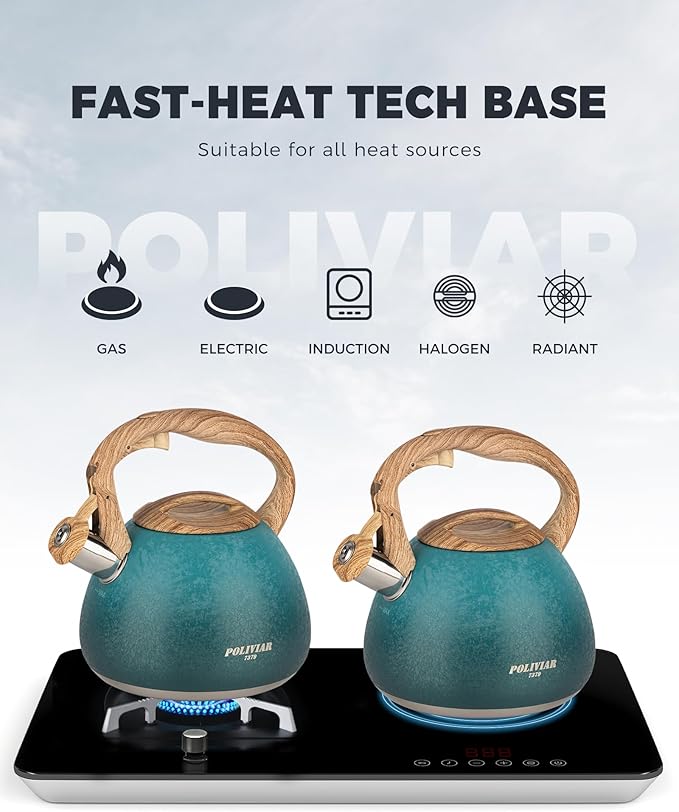 POLIVIAR Tea Kettle, 2.7 Quart Stovetop Tea Kettle, Audible Whistling Teapot with Crackle Finish, Food Grade Stainless Steel for Anti-Rust, Anti Hot Handle, Suitable for All Heat Sources (JX2023-LYD) - Bloomnest