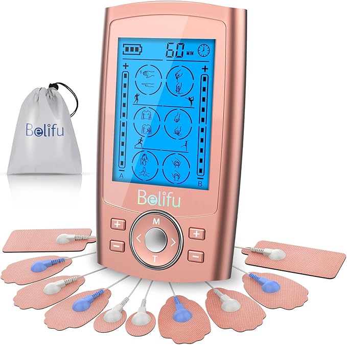 Belifu Dual Channel TENS EMS Unit 24 Modes Muscle Stimulator for Pain Relief Therapy, Electronic Pulse Massager Muscle Massager with 10 Pads, Dust-Proof Drawstring Storage Bag Belifu