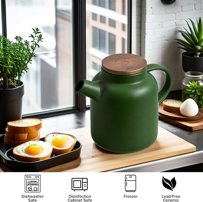 Yundu 1500ml / 50 oz Ceramic Teapot with Infuser & Wood Lid - Matte Green, Loose Leaf Tea Pot with Removable Strainer, Large Capacity - Bloomnest