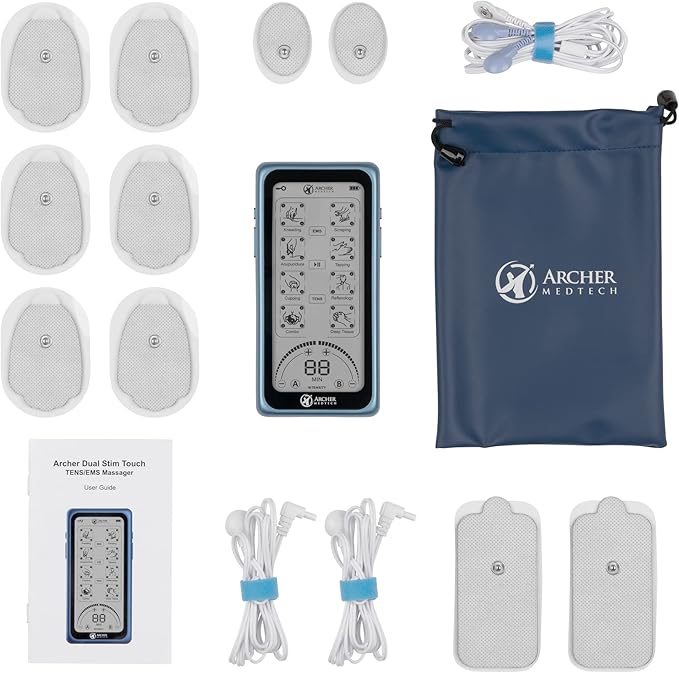 Dual Stim Touch TENS/EMS Unit – Rechargeable Touchscreen Muscle Stimulator with Dual Output Ports and 32 Massage & Stimulation Modes – Durable, Portable, Professional Quality Device