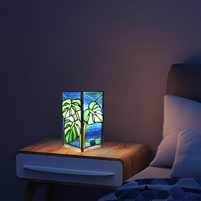 Tiffany Small Lamp Monstera Deliciosa Stained Glass Table Lamp Monstera Swiss Cheese Plant Mini Retro Accent Night Light for Home Decor Boys Girls Gifts - Bloomnest