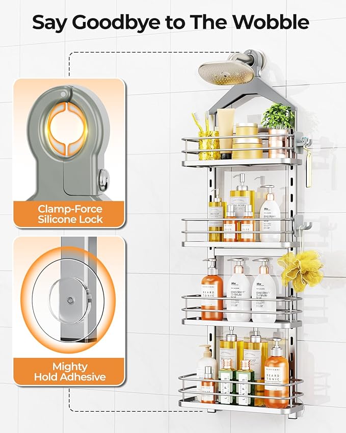 ODesign 4 Tier Height-Adjustable Shower Caddy Hanging Anti-Swing-Over The Shower Head Caddy- Storage Organizer Bathroom Shelves Basket Caddies-Silver - Bloomnest