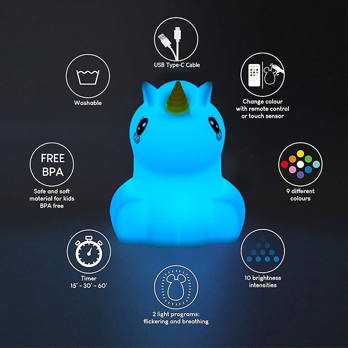 Large Unicorn Night Lights for Kids, 9 Colors silicone Bedside Table Lamps Baby Bedroom Lighting Nursery Children Tap lamp for Toddlers Boys Girls Adults Student Elder Bathroom Outdoor - Large - Bloomnest