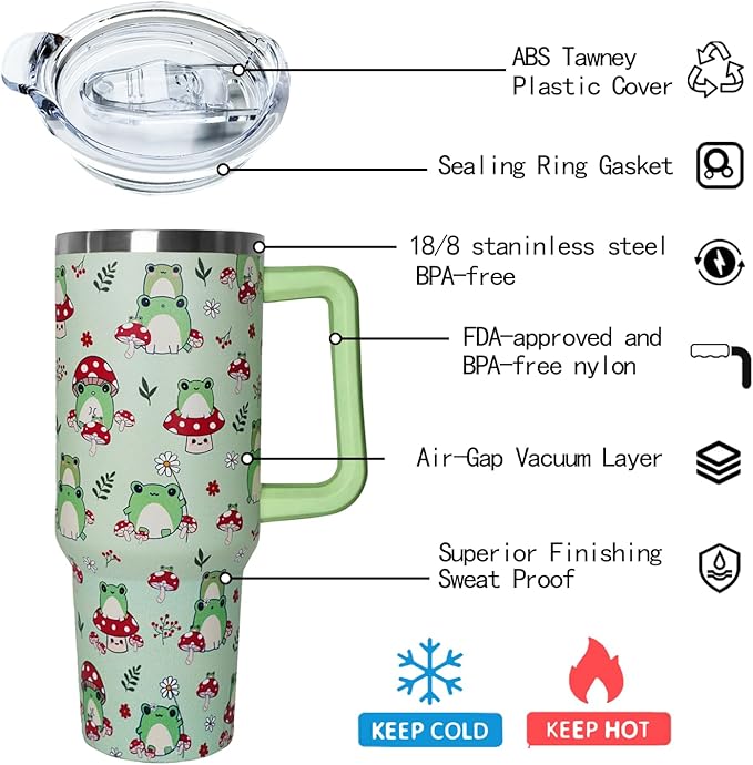 Ceovfoi 40 oz Frog Tumbler With Handle, Lid and Straw - Cute Green Kawaii Mushroom Gifts for Women, Decor, Accessories - Bloomnest