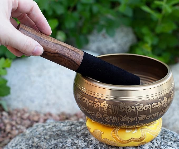 Large Tibetan Singing bowl Set - Bronze Style - Easy To Play - 5" Sound Yoga Bowl Mantra Design Mindfulness Meditation Healing Sound Gift By Himalayan Bazaar - Bloomnest