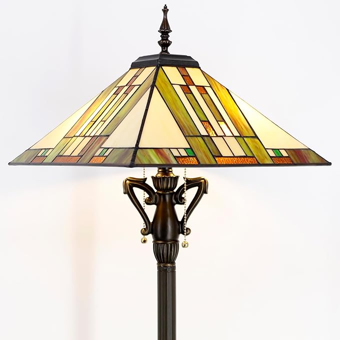 Tiffany Floor Lamp Blue White Brown Mission Style Stained Glass Standing Reading Light 16X16X64 Inch - Bloomnest