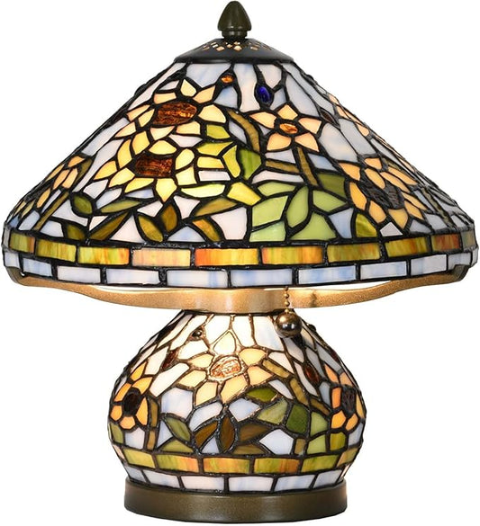 Bieye L10907 Tiffany Style Stained Glass Mushroom-Shaped Double Lit Table Lamp for Home Decor (10-inch, Yellow Sunflower)