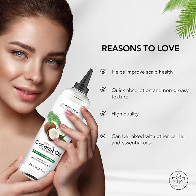 Majestic Pure Fractionated Coconut Oil - Relaxing Massage Oil, Liquid Carrier Oil for Diluting Essential Oils - Skin, Lip, Body & Hair Oil Moisturizer & Softener - 6.8 fl oz - Bloomnest