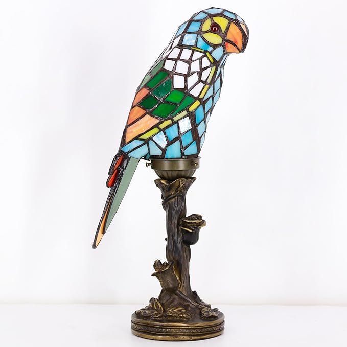 Small Tiffany Lamp Parrot Table Lamp Stained Glass Accent Lamp 15.3 Inch Tall Mini Desk Bedside Night Light for Kids Bedroom (Blue) - Bloomnest