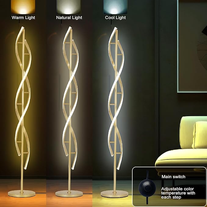 DNA 61" Tall Lamp with Dimmable Rmoete Control,Gold Spiral Beside Corner Modern Floor Lamp for Bedroom,3 Color Temperatures Lamp Standing Lamp for Living Room,Dining Room(Gold) - Bloomnest