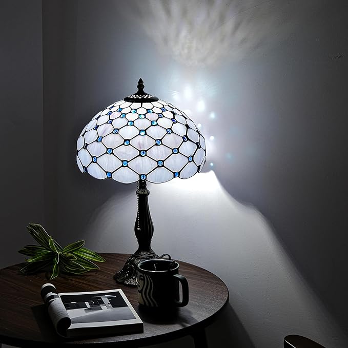 Tiffany Lamp Vintage White Grey Stained Glass Bead Table Lamp Desk Bedside Reading Light Decor Bedroom Living Room Home Office D12*H18 Inches - Bloomnest