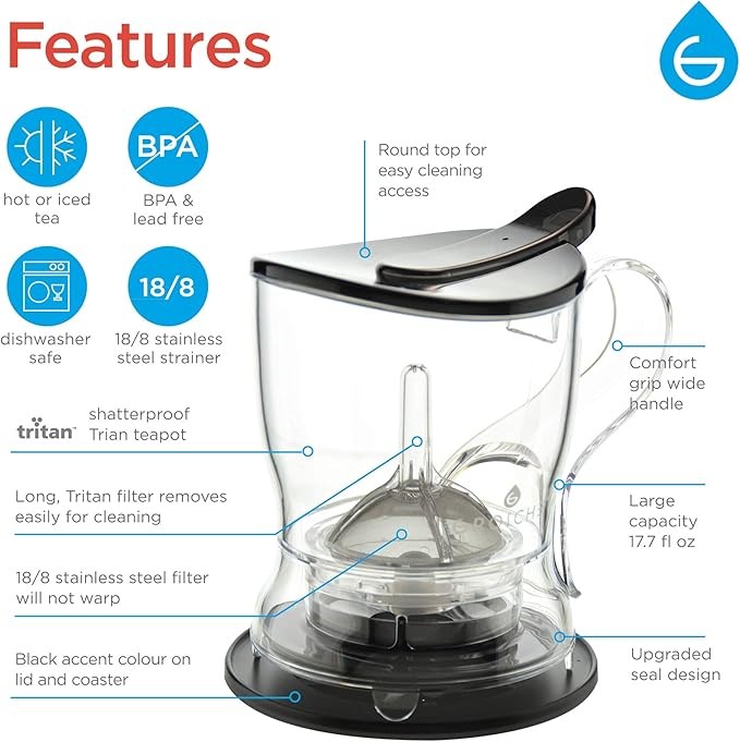 GROSCHE Aberdeen Tea Infuser Teapot & Smart Tea Maker - BPA-Free, Drip-Free Design | Coaster | Easy Brew | Easy Clean Steeper | Loose Leaf Brewing - Stylish Design | 17.7 oz - 525 ml - Black - Bloomnest