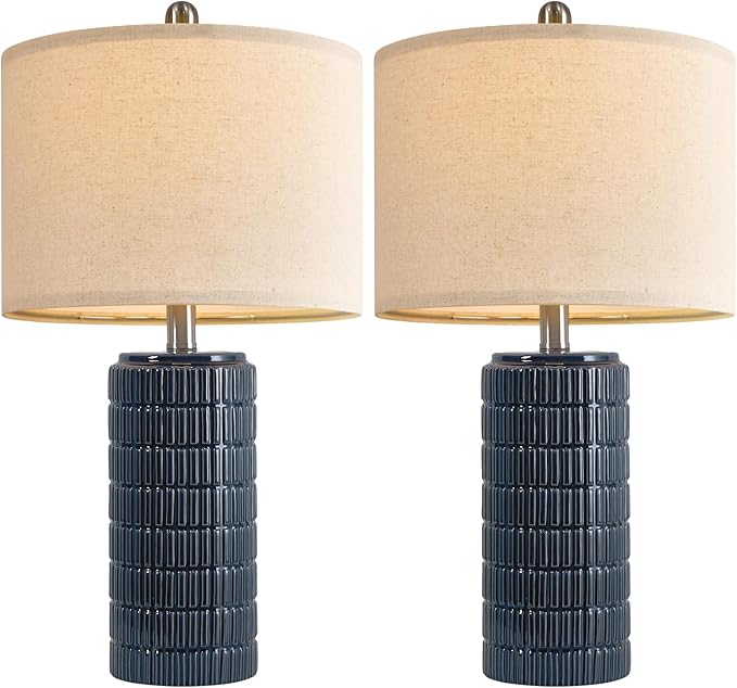 PoKat 24" Modern Ceramic Table Lamps Set of 2 for Bedroom, Blue Bedside Lamps for Night Stands, Farmhouse Desk Decor Nightstand Table Lamps for Living Room End Table Dark Blue - Bloomnest