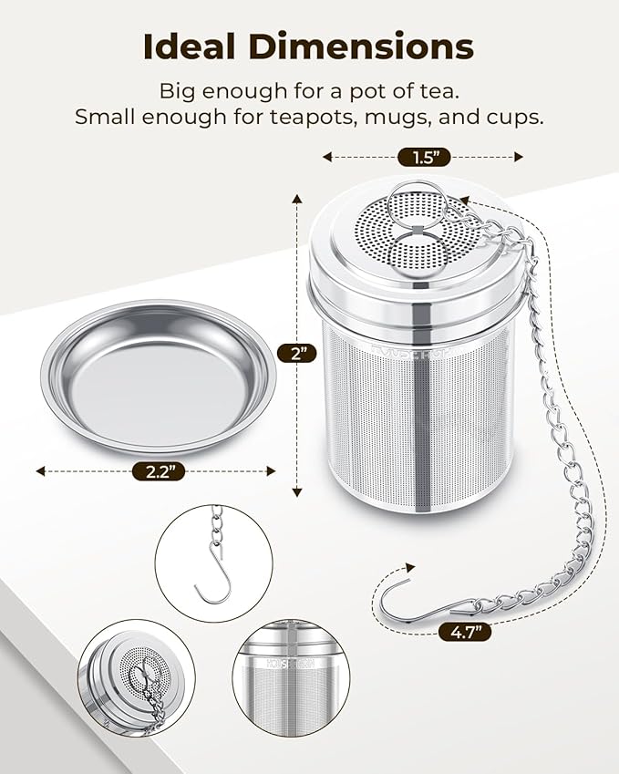 House Again 2 Pack Tea Strainers for Loose Tea, Extra Fine Mesh Tea Infusers, 304 Stainless Steel with Extended Chain Hook, Loose Leaf Tea Steeper, Tea Filter for Brew Tea Spices & Seasoning