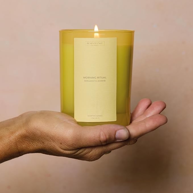 Bergamot & Jasmine Scented Candle | 11oz, 60 Hour Burn | Natural Soy Wax, Cotton Wick | Holiday Candles | Christmas Scented Candles for Home | Benevolence LA Sun-Kissed Collection - Morning Ritual - Bloomnest