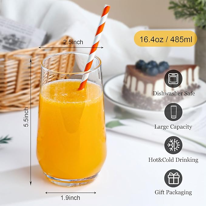 Drinking Glasses Set of 6, 16.4oz Highball Glasses, Crystal Clear Tall Glass Cups for Cocktail, Juice, Iced Tea, Mojito and Smoothies, Clear Glassware Set - Bloomnest