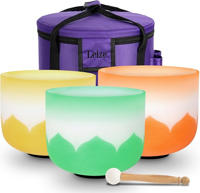 Leize 6-12 inch Lotus Design Colored Rim Chakra Tuned 432hz Set of 7 Quartz Crystal Singing Bowls with Heavy Duty Carrying Cases and Singing Bowl Mallet Suede Strikers