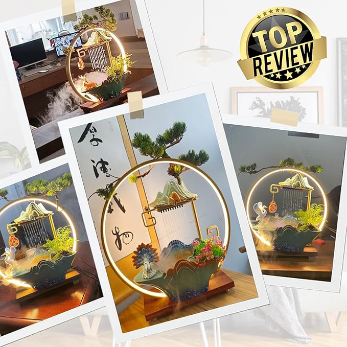Peacock Tabletop Water Fountains Indoor Waterfall with LED Light Desktop Fountain for Meditation with Mist Japanese Fountain with Fake Plants Feng Shui Office Home Decor for Good Luck Wealth - Bloomnest