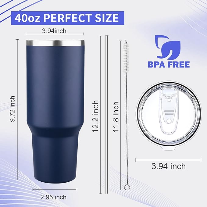 40 oz Tumbler with Lids and Straws Double Wall Vacuum Insulated Tumbler Cup,Stainless Steel Leak-proof Thermal Tumbler Powder Coated Travel Coffee Mug for Cold and Hot Drinks,Navy Blue - Bloomnest