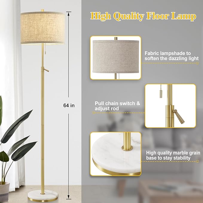 GyroVu Marble Floor Lamp, Adjustable Height Standing Lamp with Marble Base Tall Lamp with Pull Chain Switch Floor Lamps for Living Room, Bedroom & Office Bulbs Not Included(Gold) - Bloomnest