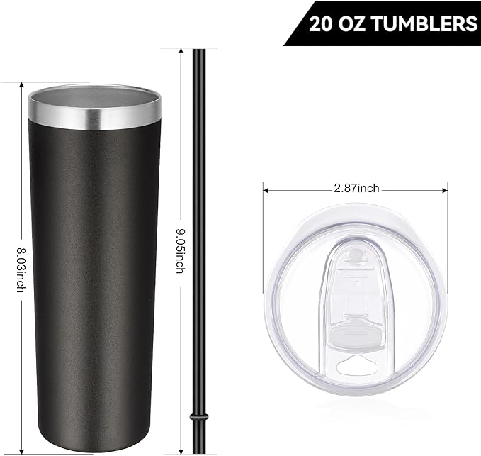 VEGOND Stainless Steel Tumblers Bulk 12 Pack, 20 oz Vacuum Insulated Skinny Tumblers with Lids and Straws, Double Wall Coffee Mug, Travel Water Cup, Black - Bloomnest