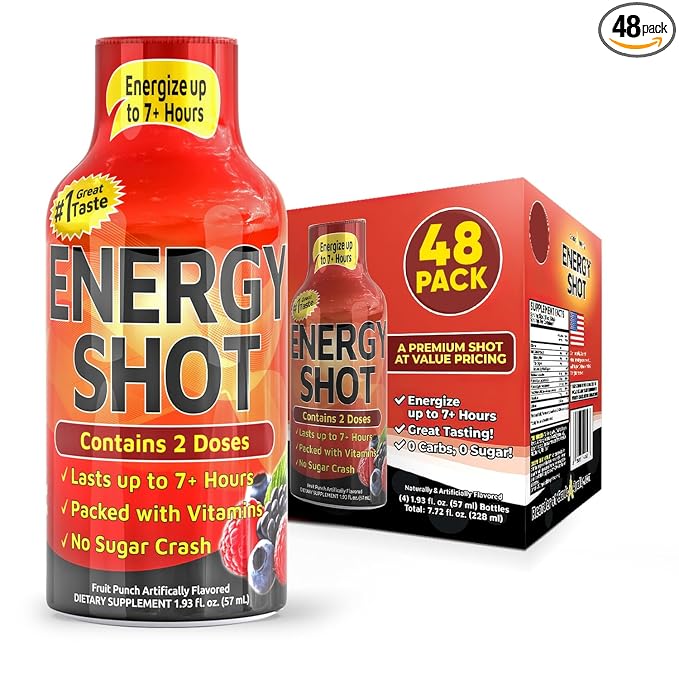 Fruit Punch Extra Strength Energy Shot 48 pk – 260mg Natural Caffeine B12 B6 – Energy & Focus Support – 2 Servings Sugar Free Zero Calorie Green Tea B-Vitamins Electrolytes Vegan – 1.93 fl oz - Bloomnest