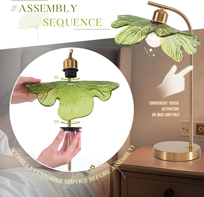 touch Table Lamp set of 2, Mid Century Modern Table lamp Gold Desk lamp tall table lamp nightstand lamp with Green Glass Flower Shade Bedside Table Lamp for end table Bedroom Living Room Office - Bloomnest