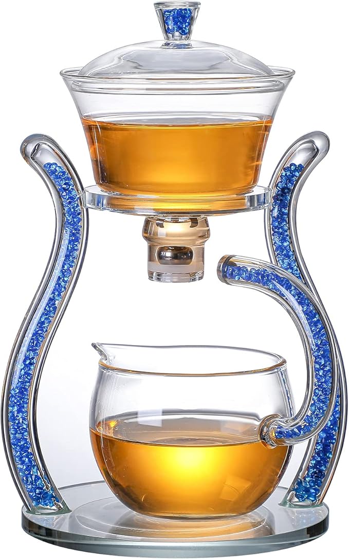 RORA Glass Teapot Set Semi Automatic Drip Rotating with Infuser Lazy Kungfu Tea pot Set (Blue) - Bloomnest