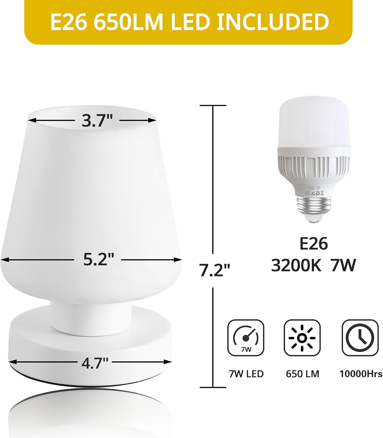 Touch Bedside Lamp, Mini Stepless Dimmable Table Lamps for Bedroom for Night Stands, Small Desk Lamp with Brightness Memory, USB Charging Ports, Warm LED Bulb, White, Conical Shape, 1 Set