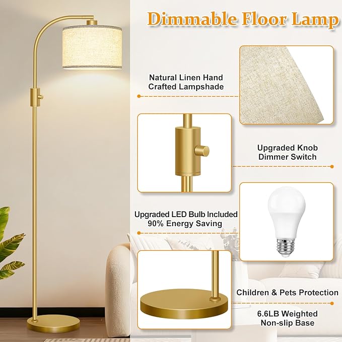 【Upgraded】 Dimmable Gold Floor Lamp, 1200 Lumens LED Bulb Included, Arc Floor Lamps for Living Room Modern Standing Lamp with Linen Shade, Tall Lamp for Living Room Bedroom Office Reading Room Nursery - Bloomnest