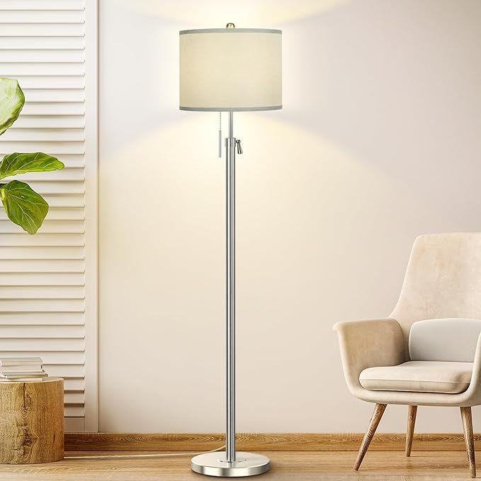 Brushed Nickel Floor Lamp for Living Room, Adjustable Height Standing Lamp with Metal Base, Tall Pole Light with Grey Shade for Bedroom, 8W 4000K 3-Way LED Bulb Included (Brushed Nickel, Grey Shade) - Bloomnest
